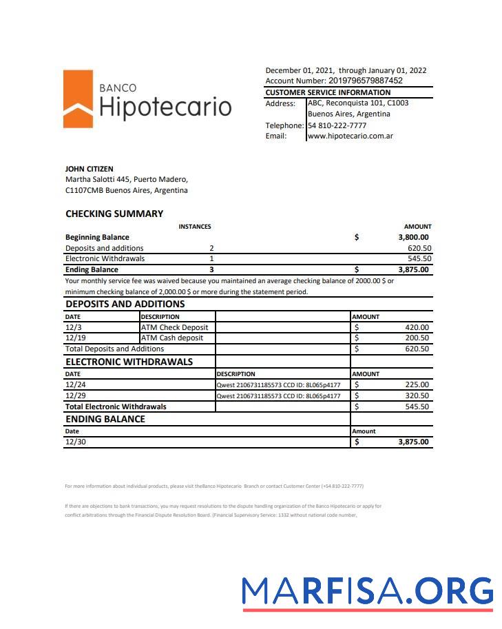 Printable Argentina Banco Hipotecario bank statement excel download for verification